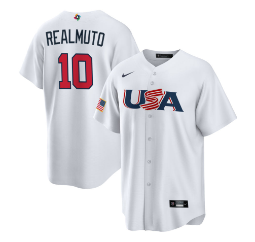 Men's USA Baseball #10 J.T. Realmuto 2023 White World Baseball Classic Replica Stitched Jersey Men's USA Baseball #10 J.T. Realmuto 2023 White World Baseball Classic Replica Stitched Jersey